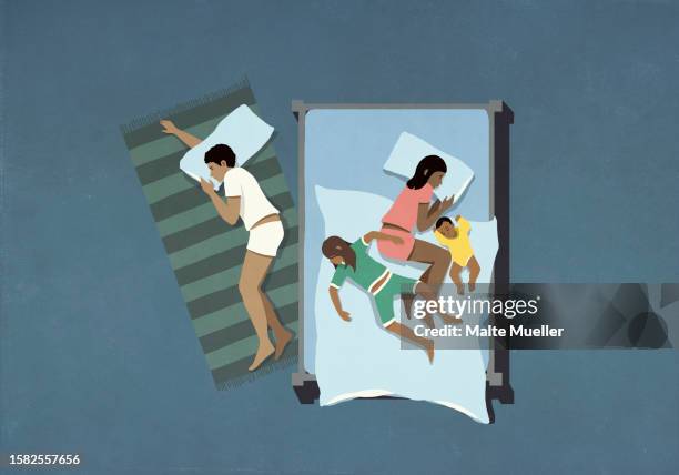father sleeping on floor next to wife and children in bed - flooring stock illustrations