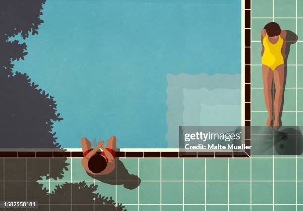 view from above couple sunbathing at sunny summer poolside - escape stock illustrations