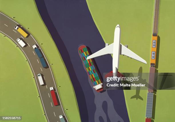 airplane flying over commercial semi-trucks, train and container ship - commercial activity stock illustrations