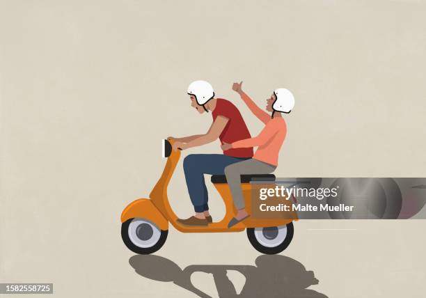 happy couple in helmets speeding on motor scooter - arms up stock illustrations