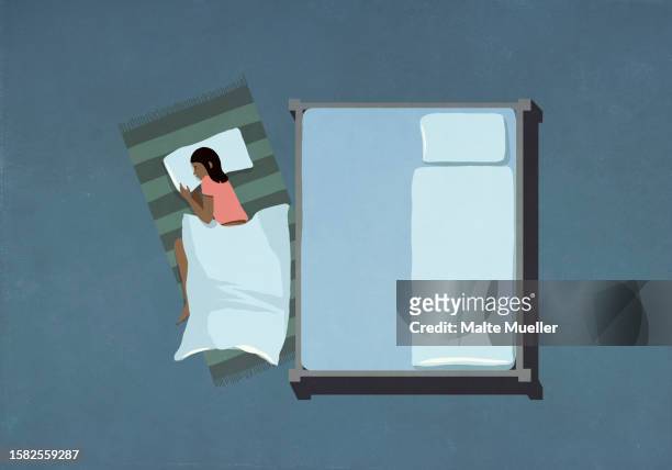 woman sleeping on floor next to bed - flooring stock illustrations