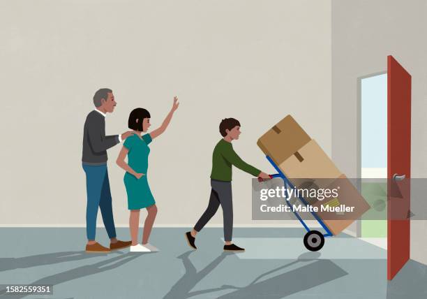 parents waving goodbye to college son moving boxes - viewpoint stock illustrations