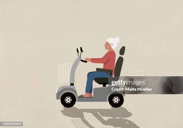 senior woman speeding, on the move in motorized wheelchair - motorbike stock illustrations