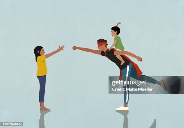 girl cheering for father in superhero costume piggybacking baby brother - sisters stock illustrations