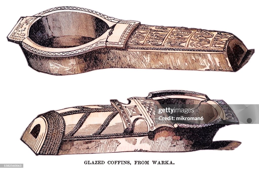 Old engraved illustration of glazed coffins from Warka (city in the ancient Near East)