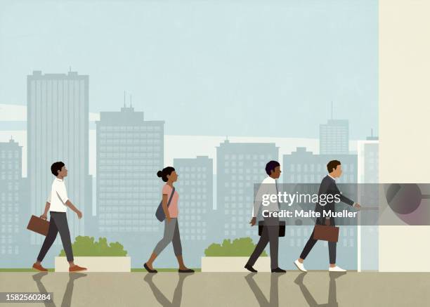 business people walking in a row along city buildings - professional stock illustrations