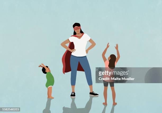 kids cheering for confident mom in superhero costume - supermom点のイラスト素材／クリップアート素材／マンガ素材／アイコン素材