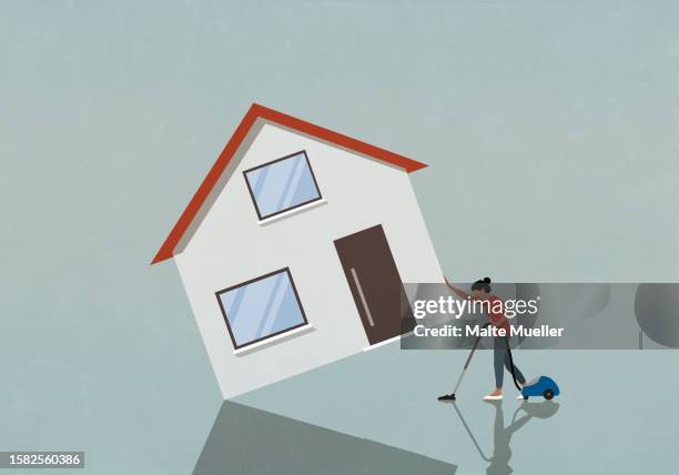 stockillustraties, clipart, cartoons en iconen met strong woman vacuuming under house - huishoudelijk werk