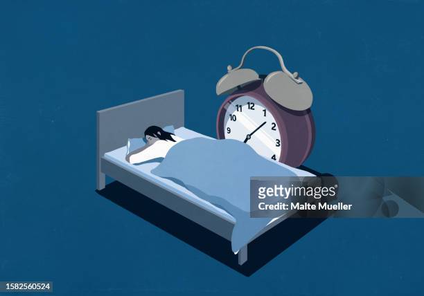 large alarm clock next to woman sleeping in bed - position stock illustrations
