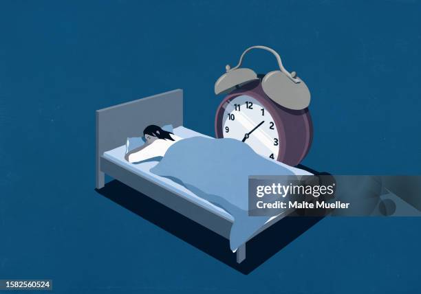 large alarm clock next to woman sleeping in bed - bedtime routine adults stock illustrations