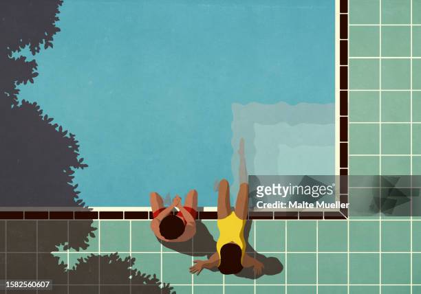 ilustrações, clipart, desenhos animados e ícones de view from above couple relaxing, sunbathing at sunny, summer poolside - banhando