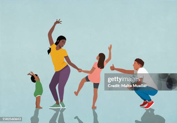 happy family cheering and dancing, having fun together - arms up stock illustrations