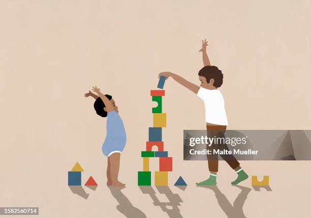 happy young brothers playing, stacking toy blocks together - illustration and painting stock illustrations