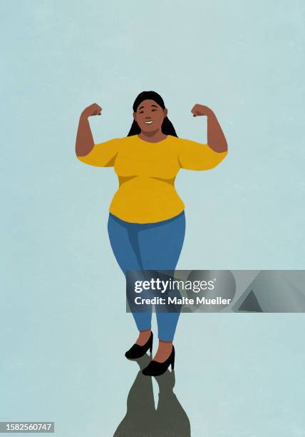 portrait confident, smiling woman flexing biceps - portraits of people color background stock illustrations