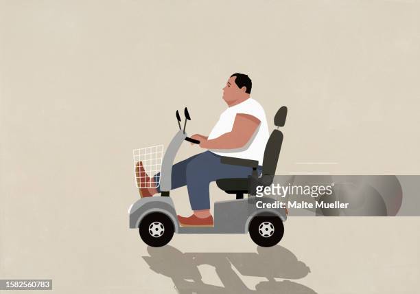 overweight man riding motor scooter - motorbike stock illustrations