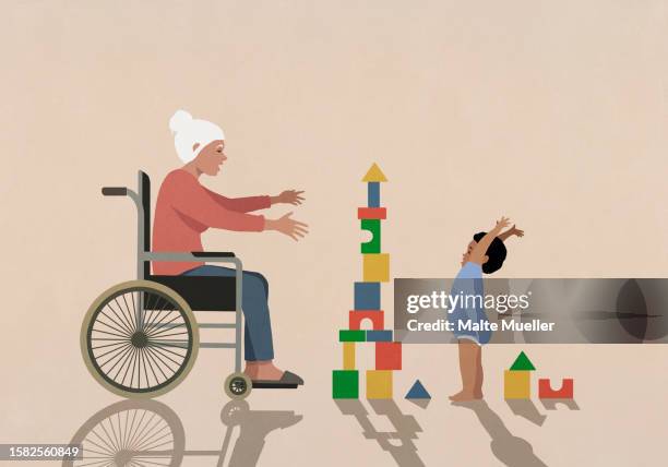 ilustrações de stock, clip art, desenhos animados e ícones de grandmother watching happy baby boy playing, stacking toy blocks - grandparents