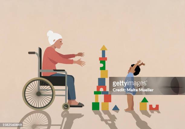 grandmother watching happy baby boy playing, stacking toy blocks - arms up stock illustrations