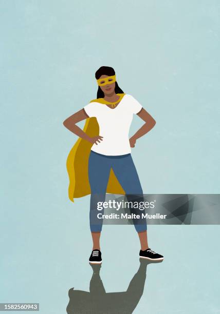 portrait confident woman in superhero cape and mask - coloured background woman stock illustrations