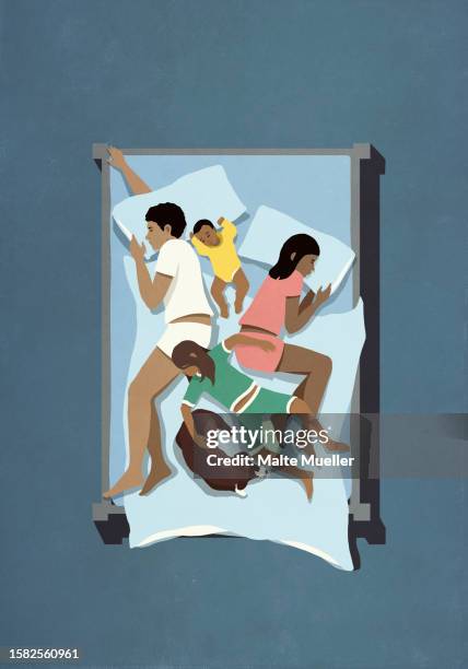 stockillustraties, clipart, cartoons en iconen met view from above family and dog sleeping in crowded bed together - two parents