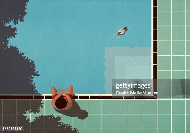 view from above man at sunny poolside watching duck floating in swimming pool - schwimmer von oben stock-grafiken, -clipart, -cartoons und -symbole