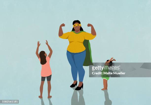 kids cheering for happy, confident mother in superhero cape and mask - family stock illustrations