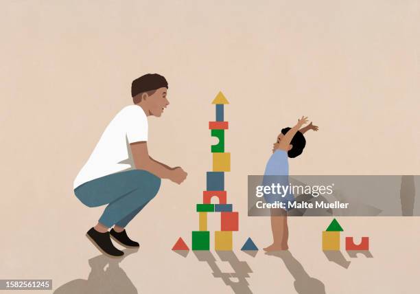 bildbanksillustrationer, clip art samt tecknat material och ikoner med father and happy baby son playing, stacking toy blocks - ensam pappa