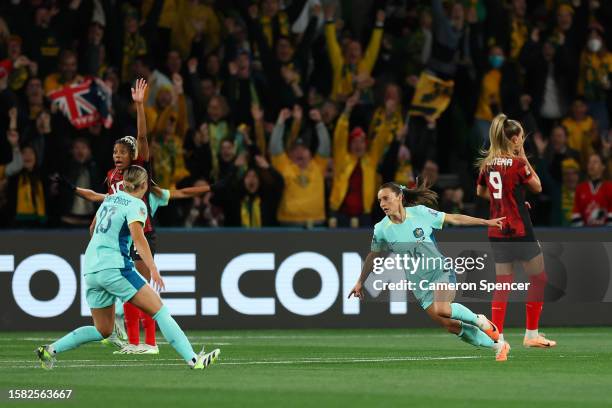 Hayley Raso of Australia celebrates after scoring her team's first goal during the FIFA Women's World Cup Australia & New Zealand 2023 Group B match...