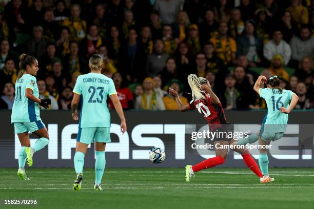 Hayley Raso of Australia scores her team's first goal during the FIFA Women's World Cup Australia & New Zealand 2023 Group B match between Canada and...