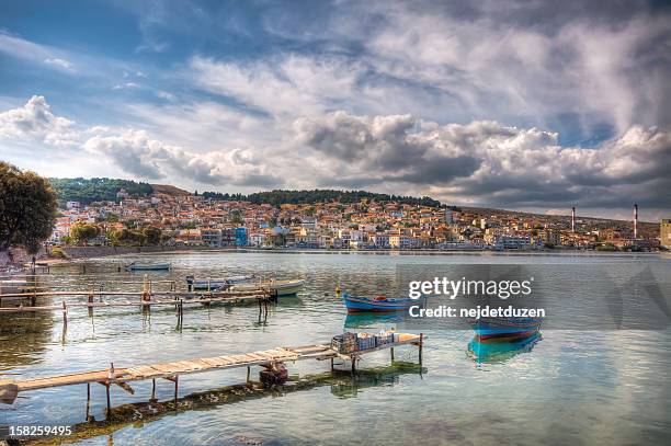 lesvos old harbour, greece - mytilini stockfoto's en -beelden