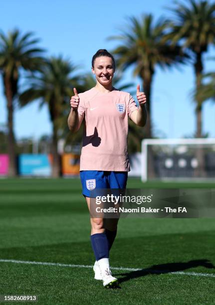 Niamh Charles of England reacts during a training session at Central Coast Stadium on July 31, 2023 in Gosford, Australia.