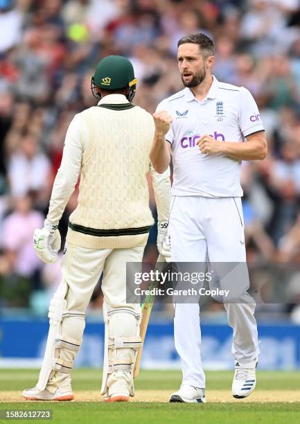 Chris Woakes of England celebrates the wicket of Usman Khawaja of Australia during Day Five of the LV= Insurance Ashes 5th Test Match between England...