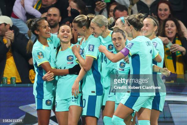 Hayley Raso of Australia celebrates with teammate after scoring her team's second goal during the FIFA Women's World Cup Australia & New Zealand 2023...