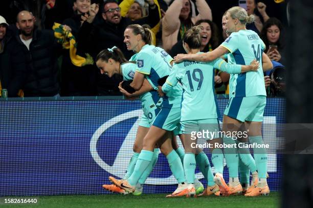 Hayley Raso of Australia celebrates with teammates after scoring her team's second goal during the FIFA Women's World Cup Australia & New Zealand...