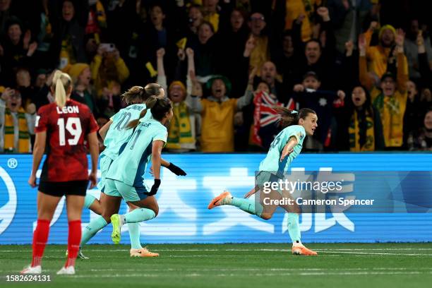 Hayley Raso of Australia celebrates after scoring her team's second goal during the FIFA Women's World Cup Australia & New Zealand 2023 Group B match...