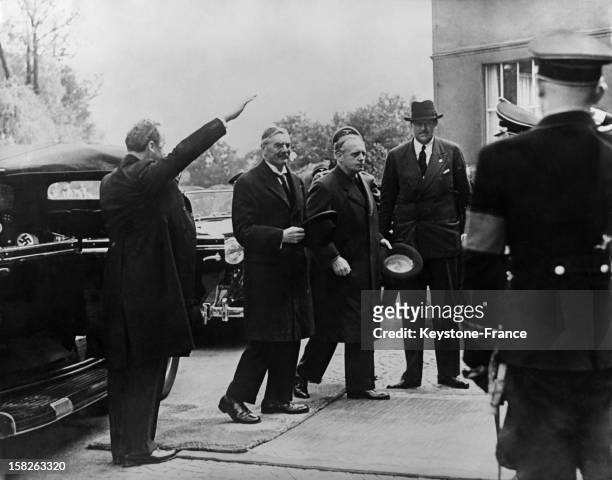 British Prime Minister Neville Chamberlain arrives in Bad Godesberg to meet Adolf Hitler at his Obersalzberg Villa to Prepare The Munich Conference...