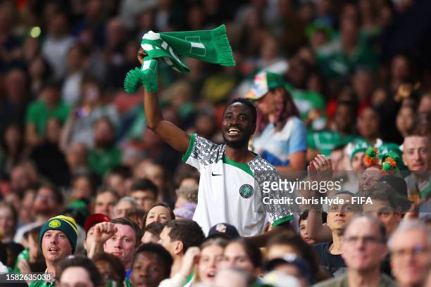 Nigeria fan shows their support during the FIFA Women's World Cup Australia & New Zealand 2023 Group B match between Ireland and Nigeria at Brisbane...