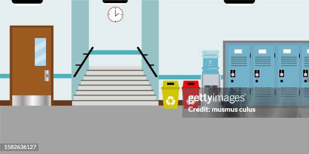 ilustrações de stock, clip art, desenhos animados e ícones de empty school hallway and lockers - relógio de parede