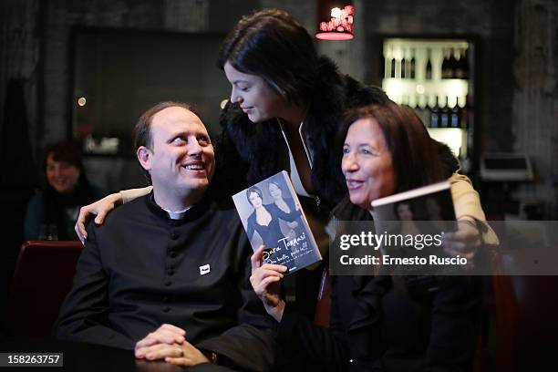 Don Michele Barone, Sara Tommasi and her mother Cinzia Casciarelli attend the Book Launch 'Ora Basta Parlo Io' at Elle Restaurant on December 12,...