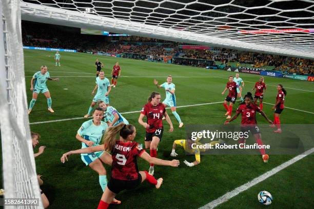 Hayley Raso of Australia scores her team's second goal during the FIFA Women's World Cup Australia & New Zealand 2023 Group B match between Canada...