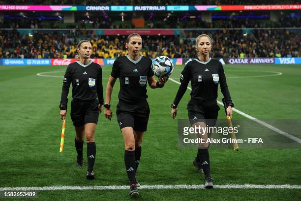 Referee Stephanie Frappart is seen after the first half during the FIFA Women's World Cup Australia & New Zealand 2023 Group B match between Canada...