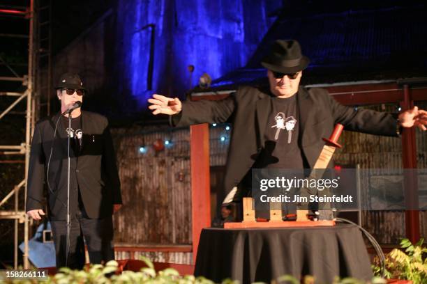 Dan Aykroyd and Jim Belushi as the Blues Brothers open the ceremony for the 20th Anniversary at the House of Blues in Los Angeles, California on...