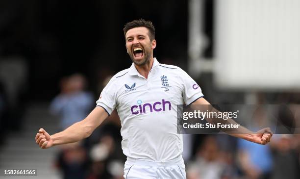 Mark Wood of England celebrates the wicket of Marnus Labuschagne of Australia during Day Five of the LV= Insurance Ashes 5th Test Match between...