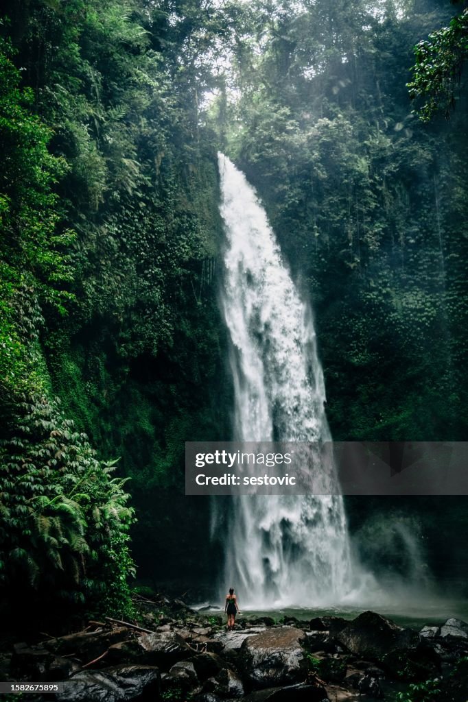 Belle fille ayant l'amusement aux chutes d'eau à Bali. Concept au sujet du voyage d'errance et de la culture sauvage