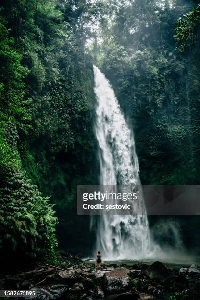 beautiful girl having fun at the waterfalls in bali. concept about wanderlust traveling and wilderness culture - bali waterfall stock pictures, royalty-free photos & images