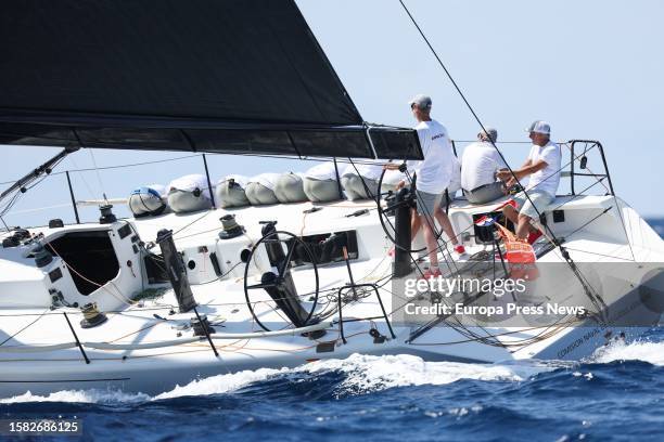 King Felipe VI sails in the regatta aboard the TP52 'Aifos' as it arrives today at the Real Club Nautico de Palma, on 31 July, 2023 in Palma de...