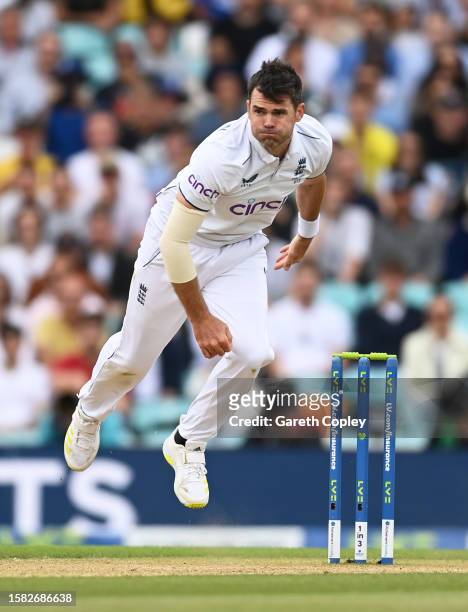 James Anderson of England in bowling action during Day Five of the LV= Insurance Ashes 5th Test Match between England and Australia at The Kia Oval...