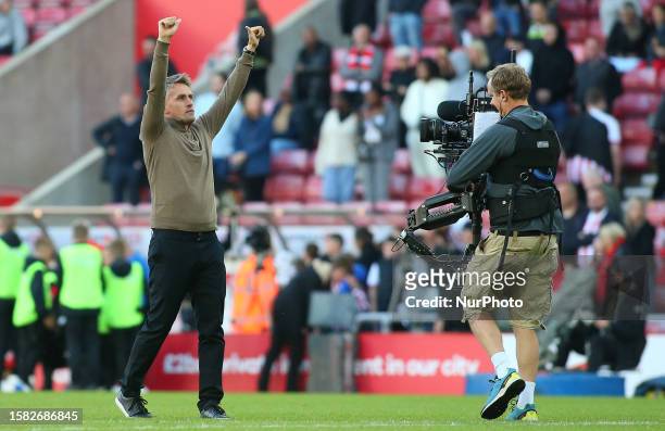 Ipswich Town Manager Kieran McKenna applauds the Ipswich Town fans during the Sky Bet Championship match between Sunderland and Ipswich Town at the...