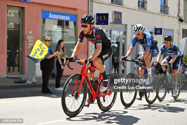 Aloïs Charrin of France and Tudor Pro Cycling Team and Julian Lino of France and Team Nice Métropole Côte d'Azur compete in the breakaway during the...