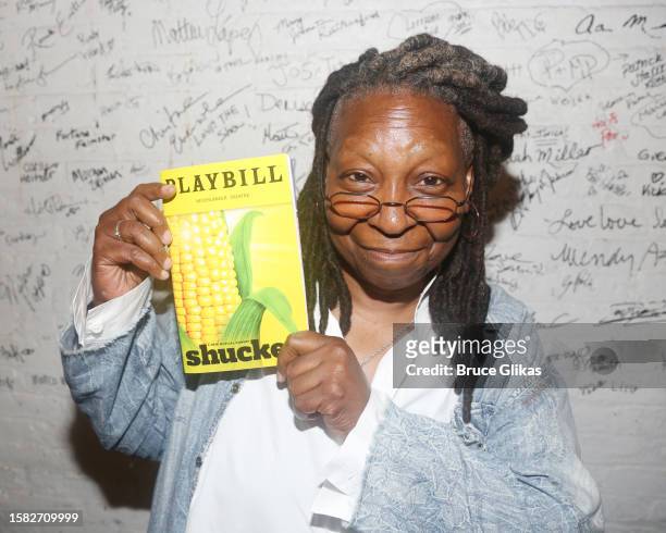 Whoopi Goldberg poses backstage at the hit musical "Shucked" on Broadway at The Nederlander Theatre on July 30, 2023 in New York City.