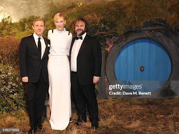 Martin Freeman, Cate Blanchett and Peter Jackson attend the Royal Film Performance of 'The Hobbit: An Unexpected Journey' at Odeon Leicester Square...